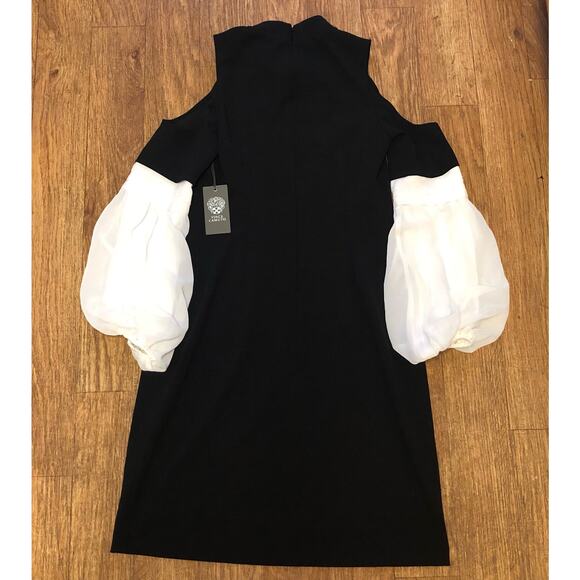 Vince Camuto Black Cold Shoulder White Chiffon Sleeves Dress Size Small - Picture 9 of 13